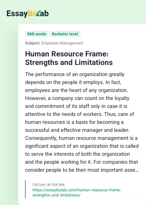 Human Resource Frame: Strengths and Limitations - Essay Preview