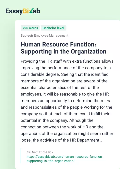 Human Resource Function: Supporting in the Organization - Essay Preview