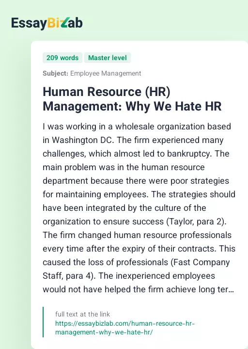 Human Resource (HR) Management: Why We Hate HR - Essay Preview