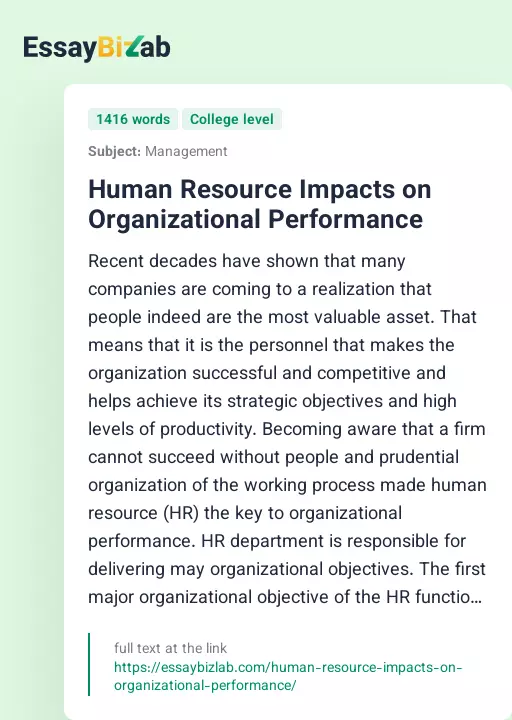 Human Resource Impacts on Organizational Performance - Essay Preview