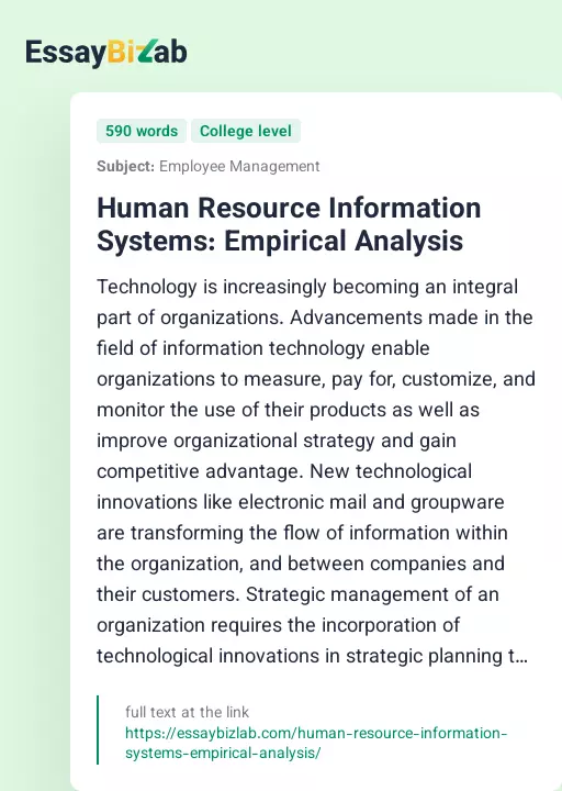 Human Resource Information Systems: Empirical Analysis - Essay Preview