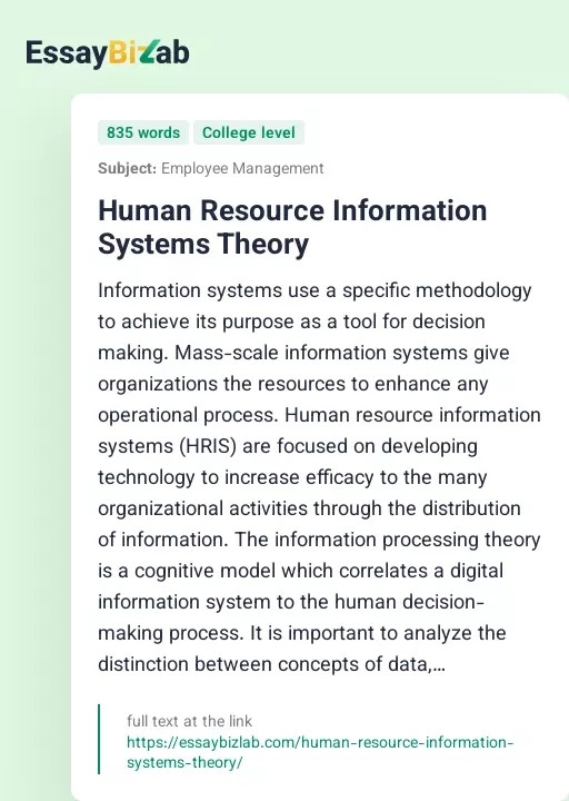 Human Resource Information Systems Theory - Essay Preview