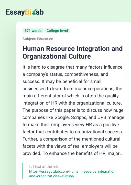 Human Resource Integration and Organizational Culture - Essay Preview