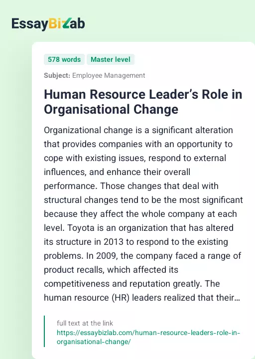 Human Resource Leader’s Role in Organisational Change - Essay Preview