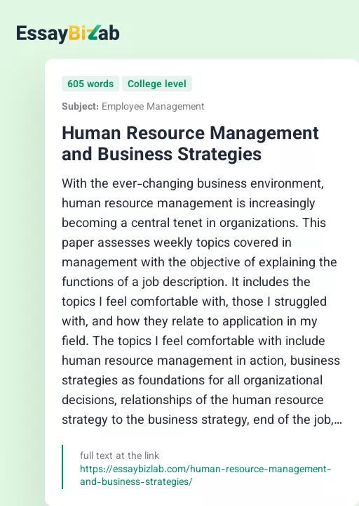 Human Resource Management and Business Strategies - Essay Preview
