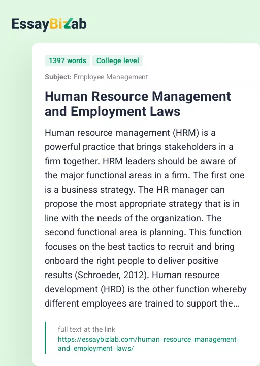 Human Resource Management and Employment Laws - Essay Preview
