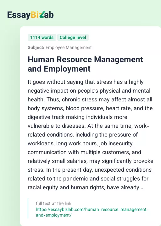 Human Resource Management and Employment - Essay Preview