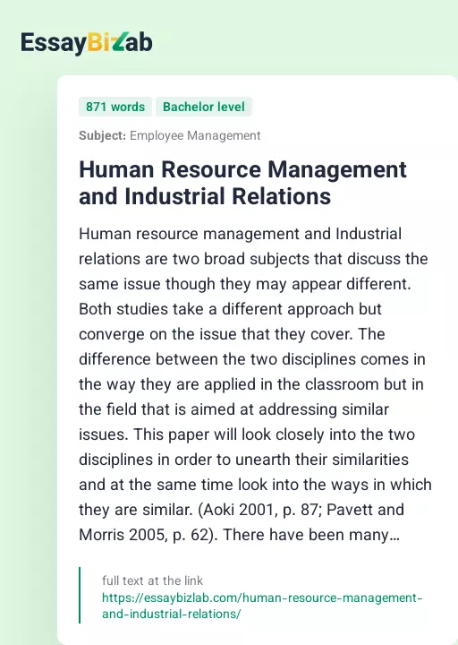 Human Resource Management and Industrial Relations - Essay Preview