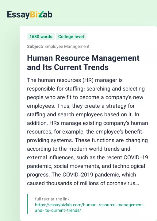 Human Resource Management and Its Current Trends - Essay Preview
