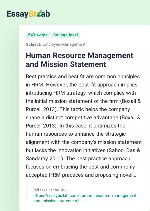 Human Resource Management and Mission Statement - Essay Preview