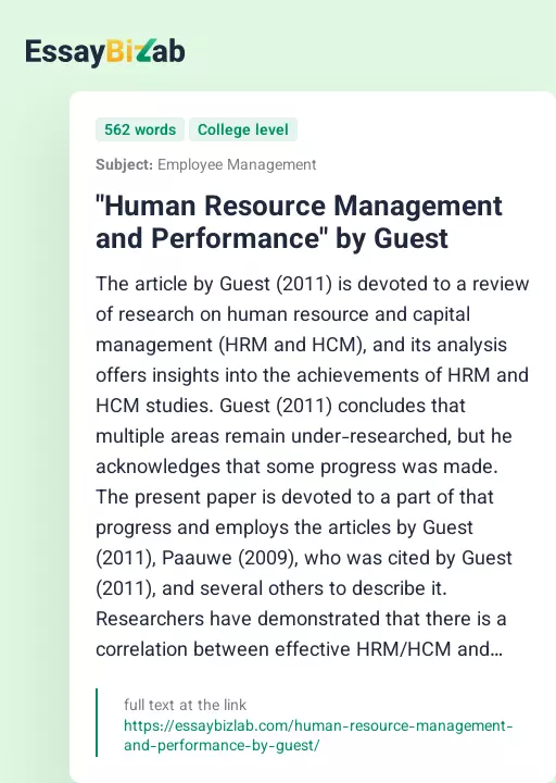"Human Resource Management and Performance" by Guest - Essay Preview