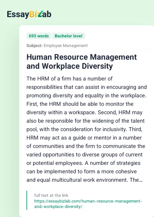 Human Resource Management and Workplace Diversity - Essay Preview