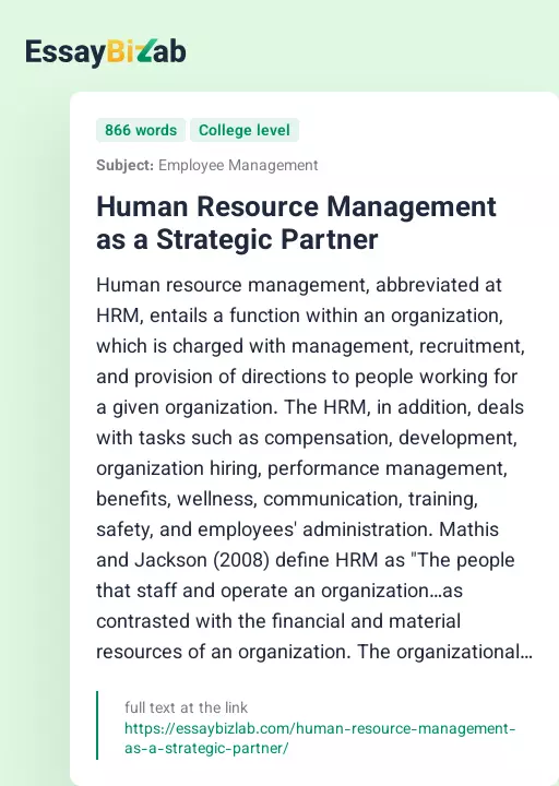 Human Resource Management as a Strategic Partner - Essay Preview