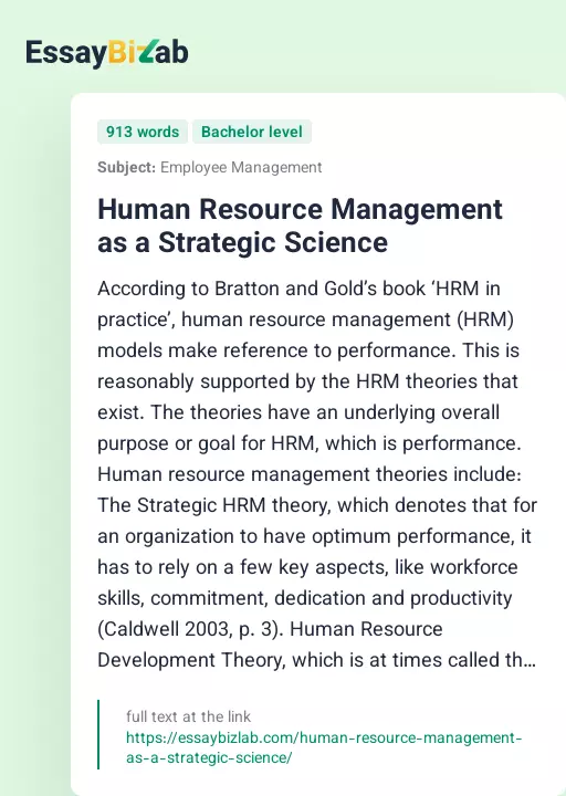Human Resource Management as a Strategic Science - Essay Preview