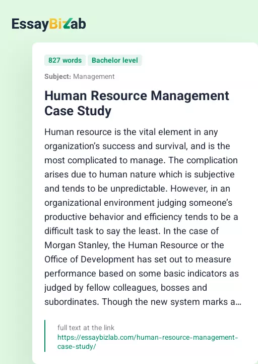 Human Resource Management Case Study - Essay Preview