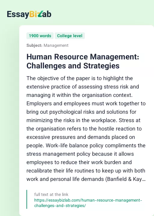 Human Resource Management: Challenges and Strategies - Essay Preview