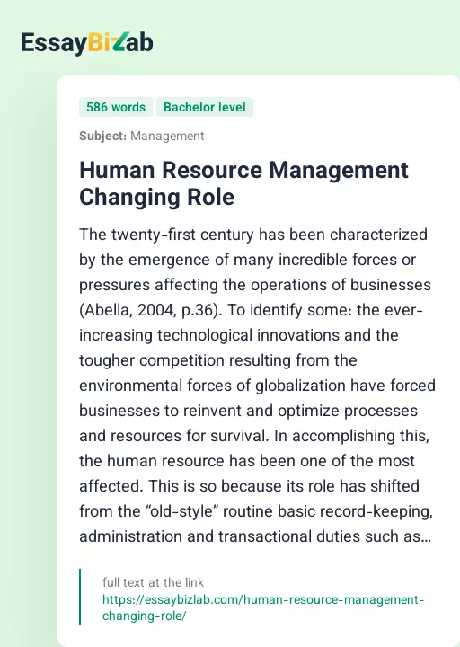 Human Resource Management Changing Role - Essay Preview