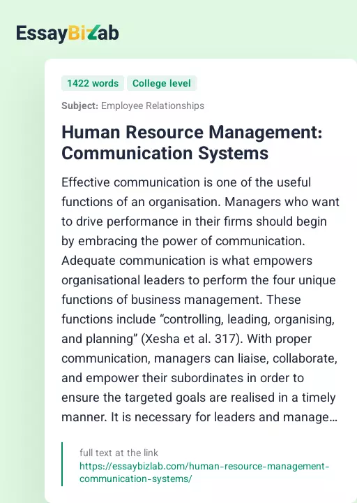 Human Resource Management: Communication Systems - Essay Preview
