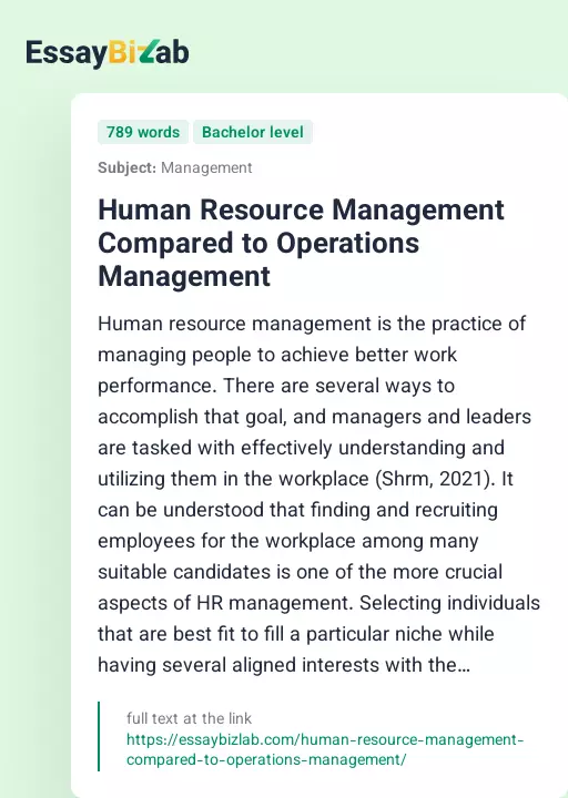 Human Resource Management Compared to Operations Management - Essay Preview