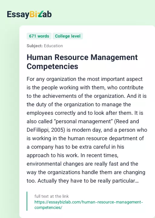 Human Resource Management Competencies - Essay Preview