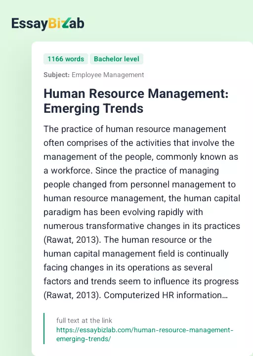 Human Resource Management: Emerging Trends - Essay Preview