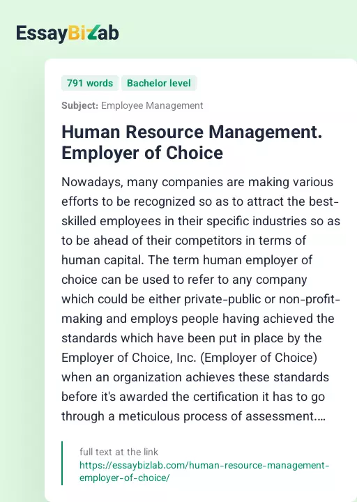 Human Resource Management. Employer of Choice - Essay Preview