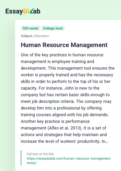 Human Resource Management - Essay Preview