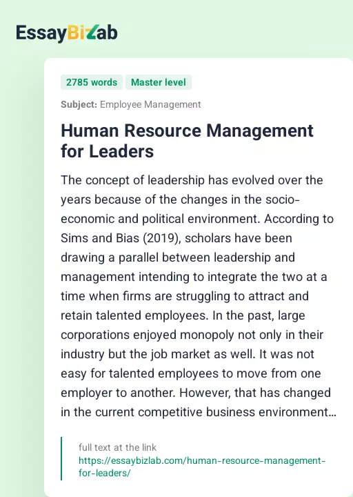 Human Resource Management for Leaders - Essay Preview