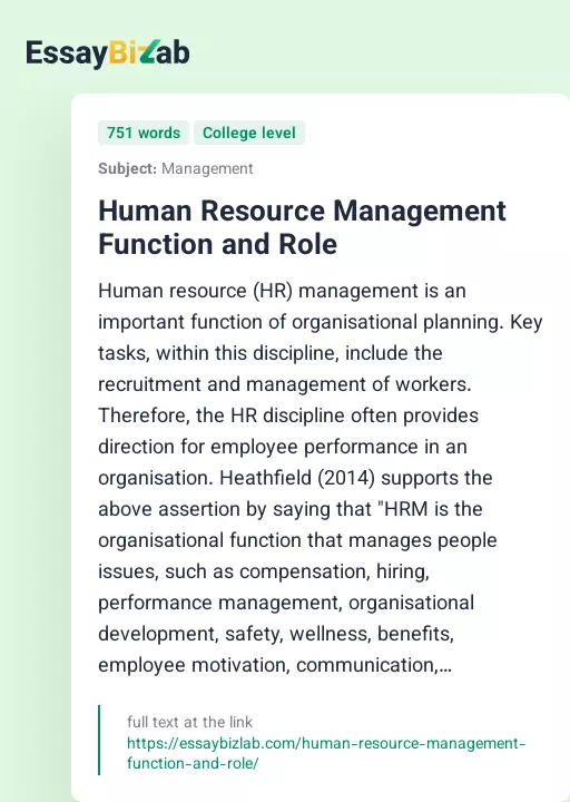 Human Resource Management Function and Role - Essay Preview
