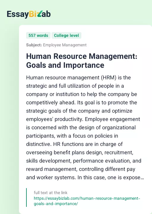 Human Resource Management: Goals and Importance - Essay Preview