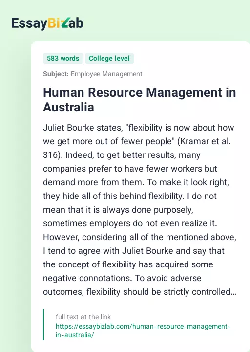 Human Resource Management in Australia - Essay Preview