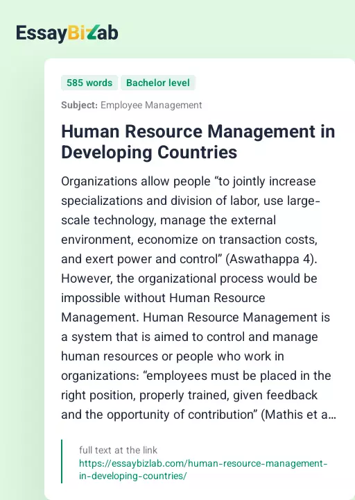 Human Resource Management in Developing Countries - Essay Preview