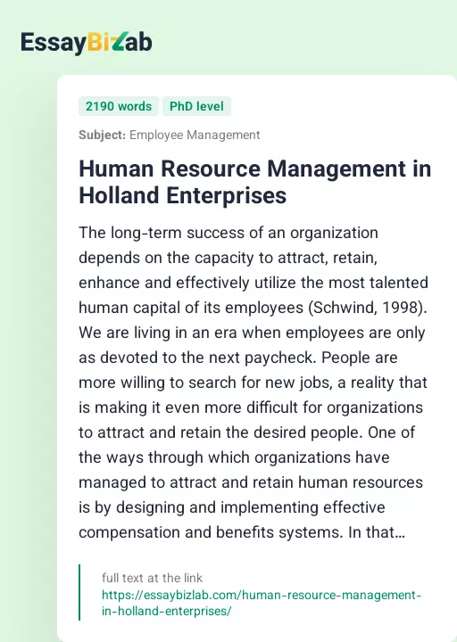 Human Resource Management in Holland Enterprises - Essay Preview