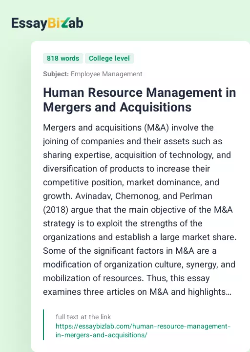 Human Resource Management in Mergers and Acquisitions - Essay Preview