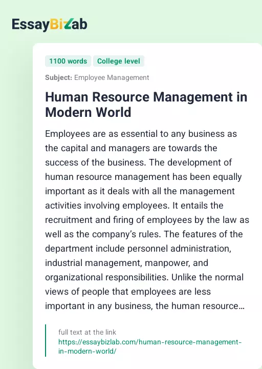 Human Resource Management in Modern World - Essay Preview
