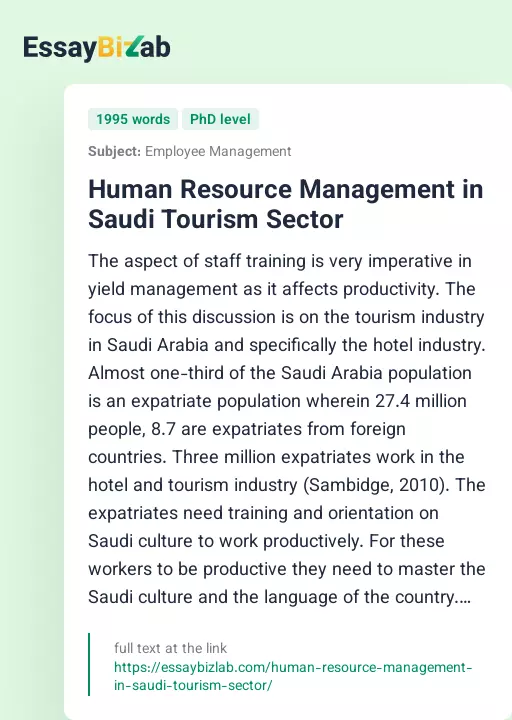 Human Resource Management in Saudi Tourism Sector - Essay Preview