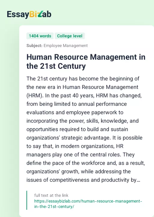 Human Resource Management in the 21st Century - Essay Preview
