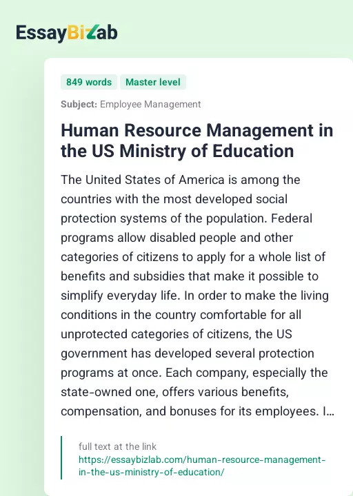 Human Resource Management in the US Ministry of Education - Essay Preview