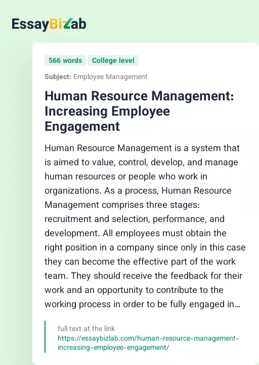Human Resource Management: Increasing Employee Engagement - Essay Preview