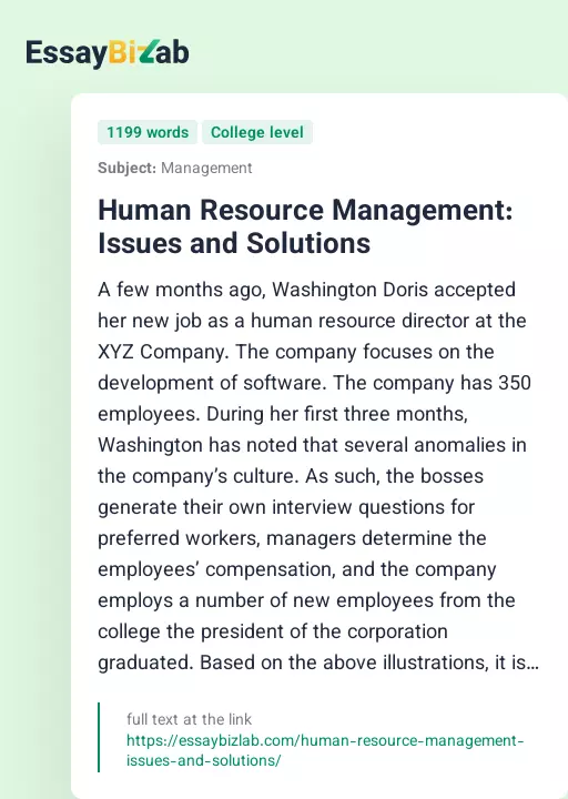 Human Resource Management: Issues and Solutions - Essay Preview