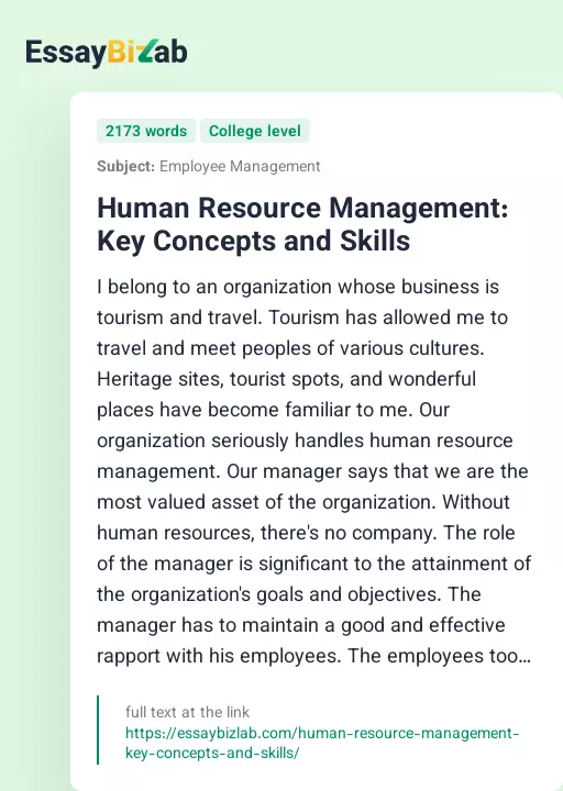 Human Resource Management: Key Concepts and Skills - Essay Preview