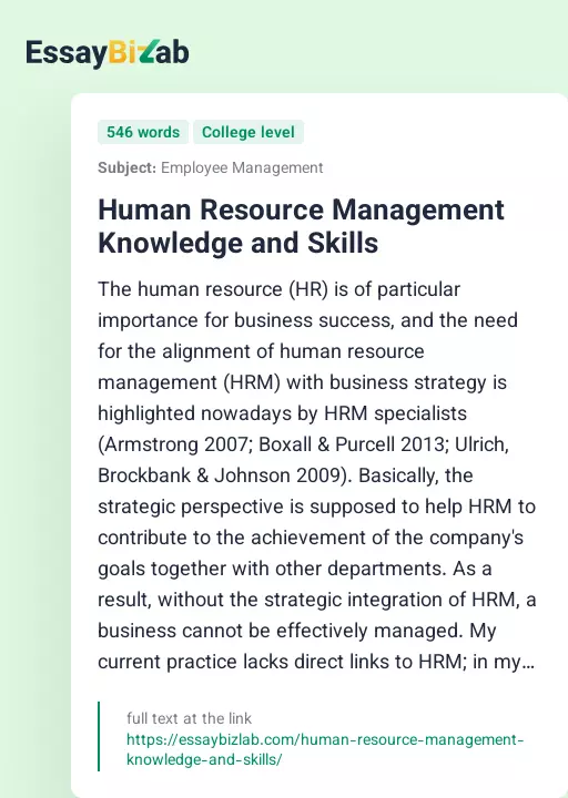 Human Resource Management Knowledge and Skills - Essay Preview