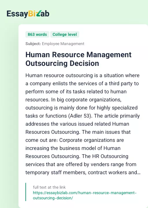 Human Resource Management Outsourcing Decision - Essay Preview