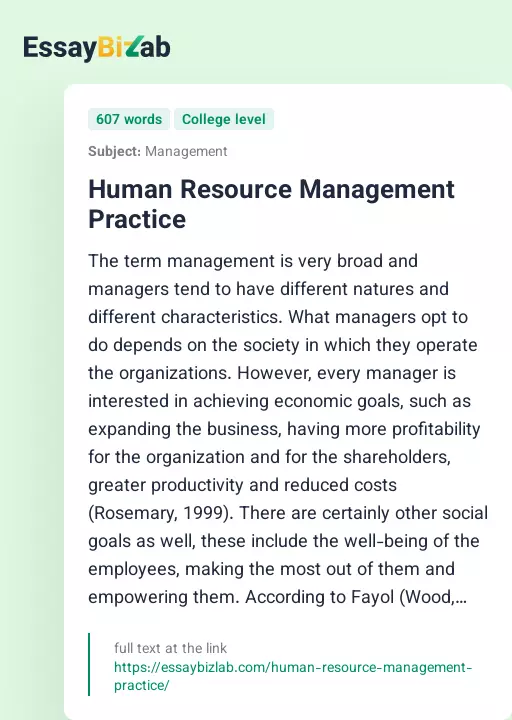 Human Resource Management Practice - Essay Preview
