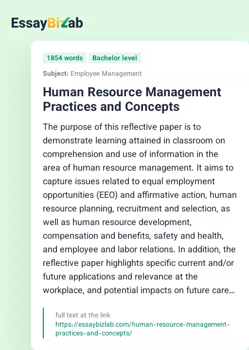 Human Resource Management Practices and Concepts - Essay Preview
