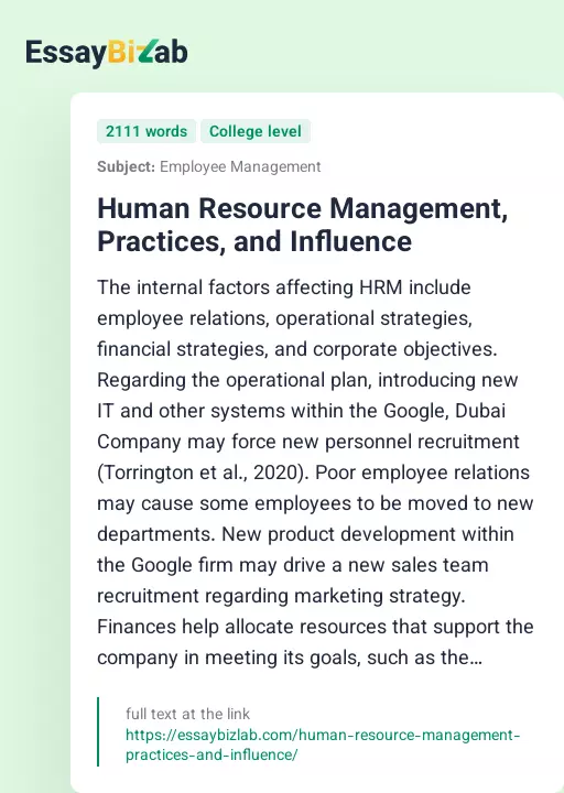 Human Resource Management, Practices, and Influence - Essay Preview