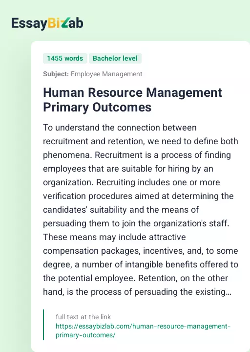 Human Resource Management Primary Outcomes - Essay Preview