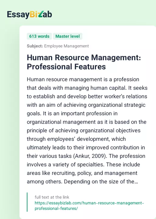 Human Resource Management: Professional Features - Essay Preview