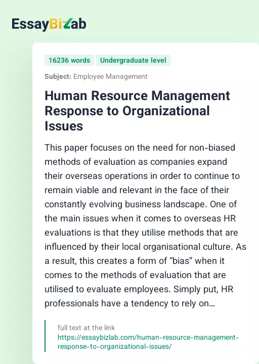 Human Resource Management Response to Organizational Issues - Essay Preview