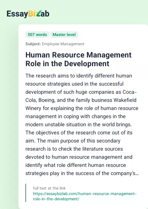 Human Resource Management Role in the Development - Essay Preview